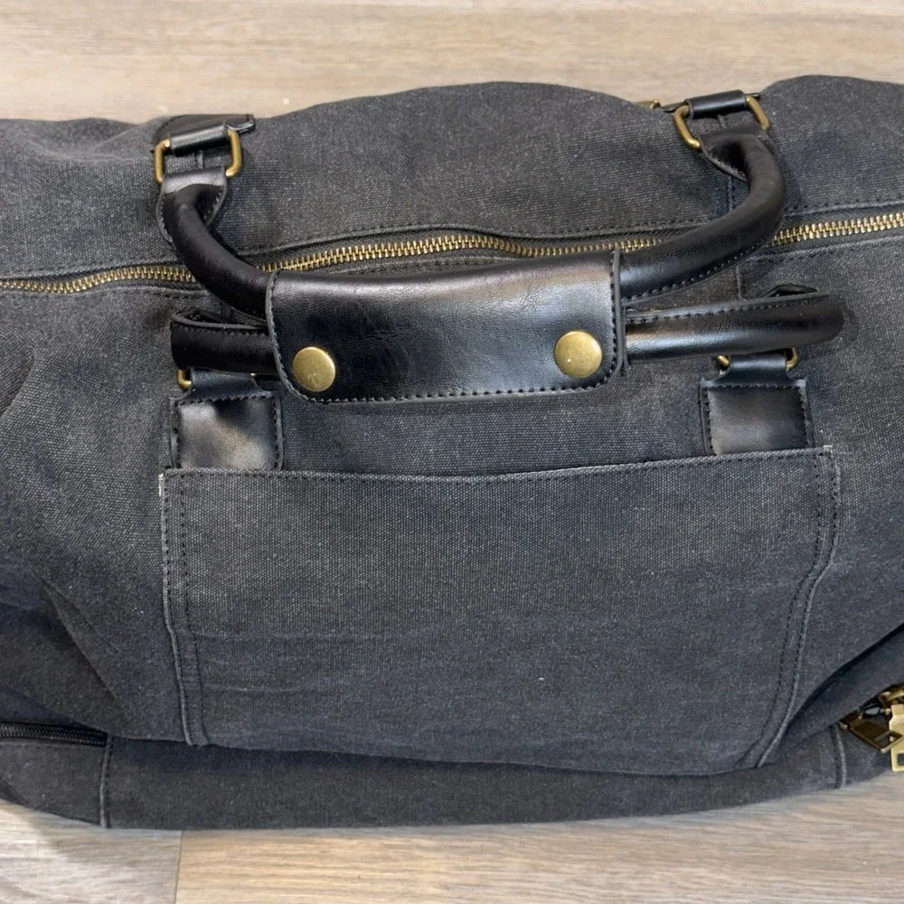 Viva Terry Weekender Duffel Bag Dark Gray Canvas Body Faux Leather Shoe Compart.